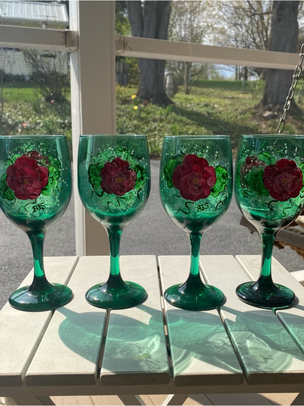 Set of 4 Hand Painted Green Wine Glasses Floral Design 10 oz Unique Artisan